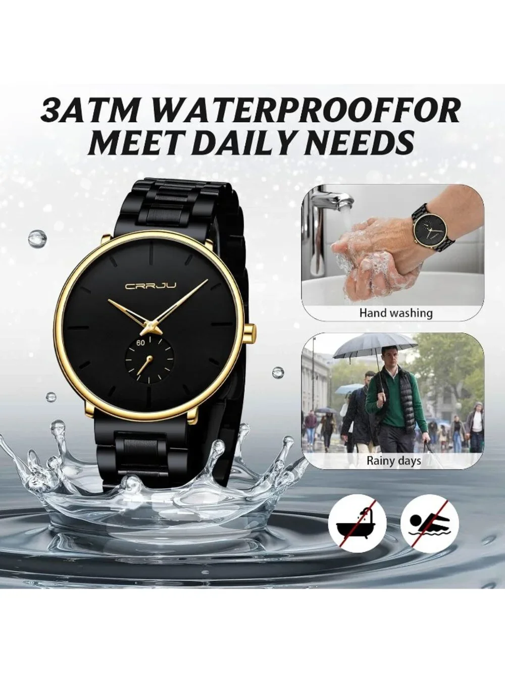Unisex Black Gold Ultra-Thin Minimalist Waterproof Stainless Steel Band Watch